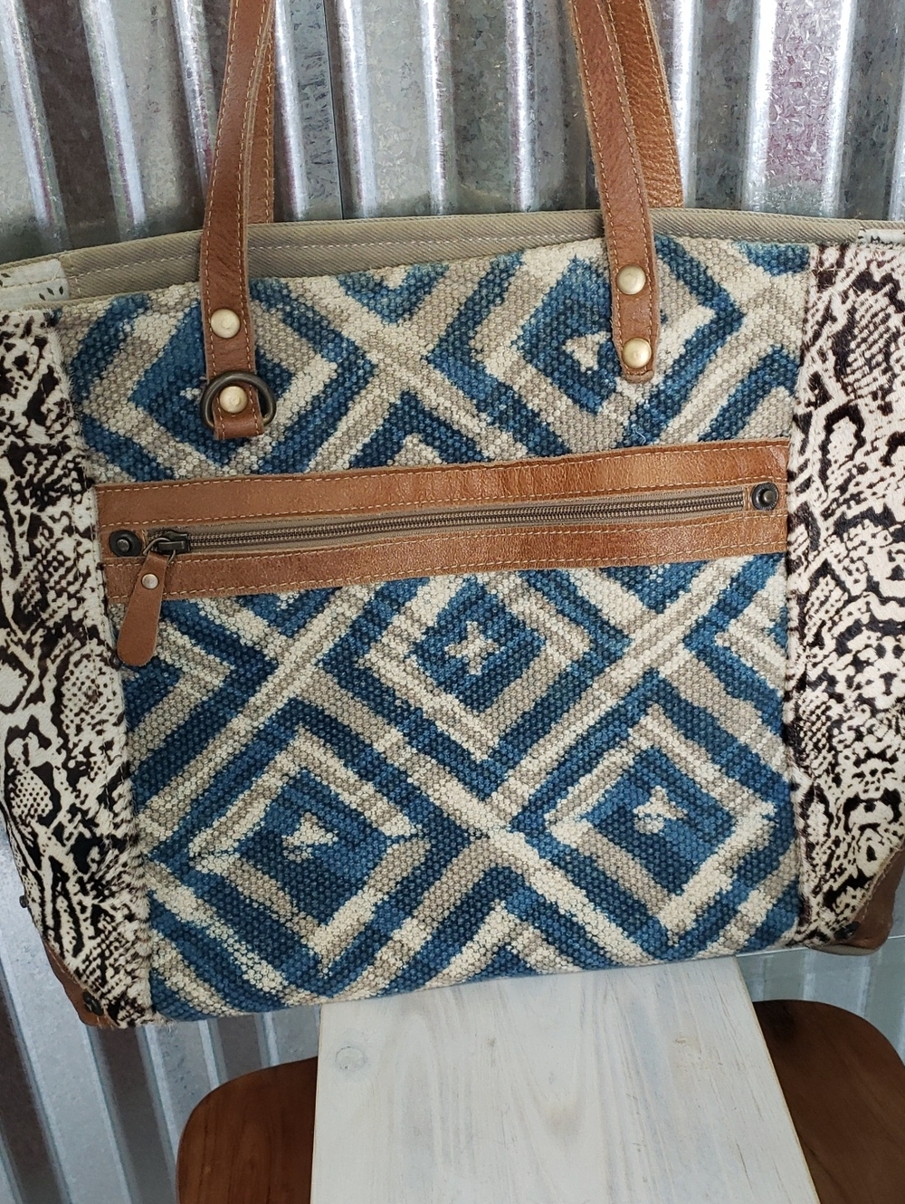 Blue MYRA Geometric Pattern Tote Bag with Brown Trim